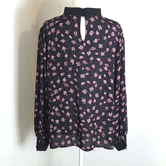 CeCe Black Blouse with Pink Flowers, Black Stand-up Collar, Size XL - Picture 6 of 9